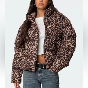 New Marc New York L Women’s Puffer Collar Style Zip Up Jacket Animal Print Black